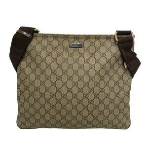 Auth GUCCI GG Plus/GG Supreme 201446 Beige Dark Brown PVC Leather - Shoulder Bag